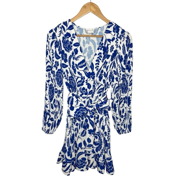 Milly Blue Liv Flowers of Spain Long Sleeve V Neck Pleated Mini Dress - Picture 6 of 13
